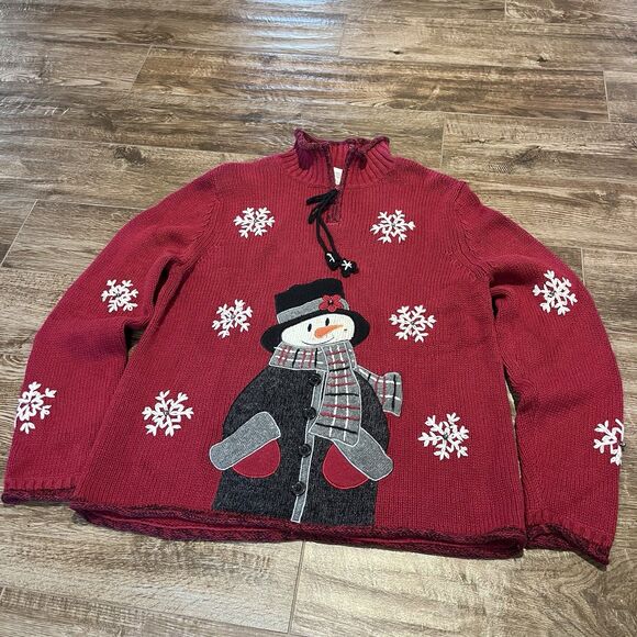 Mandal Bay Snowman Sweater Women’s Large Beaded Embroidered Snowman Mittens Zip - Picture 2 of 16